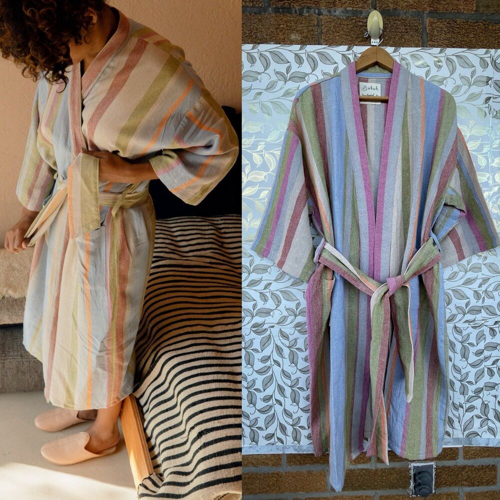 Sabah Turkey Handloomed Cotton Striped Robe Kimono Cottagecore Coastalcowgirl